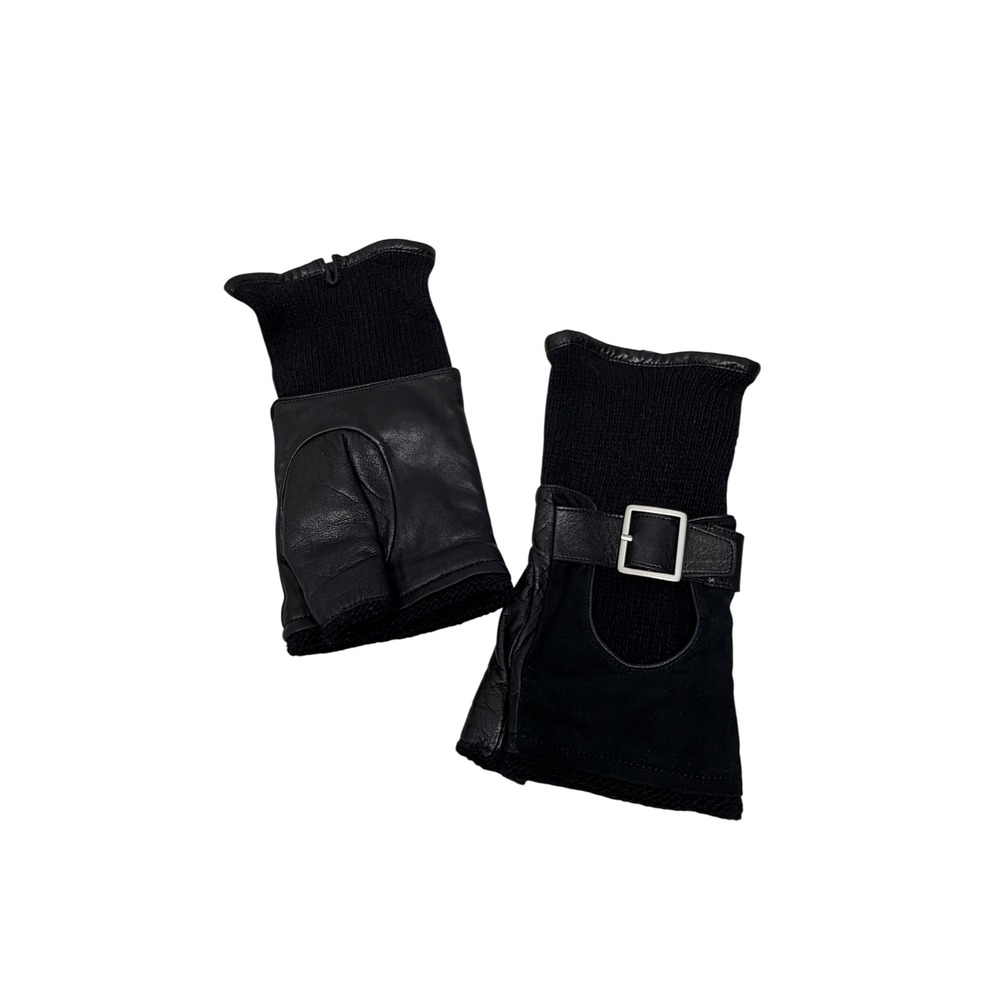 Carolina Amato Black Lambskin Leather Cashmere Wool Fingerless Buckle Gloves